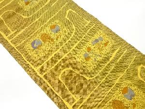 手織り紬変わり横段に抽象草花模様織出し名古屋帯